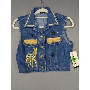 Sugar Vest Women's Small Blue Denim Fringe Embellished Zebra NOS